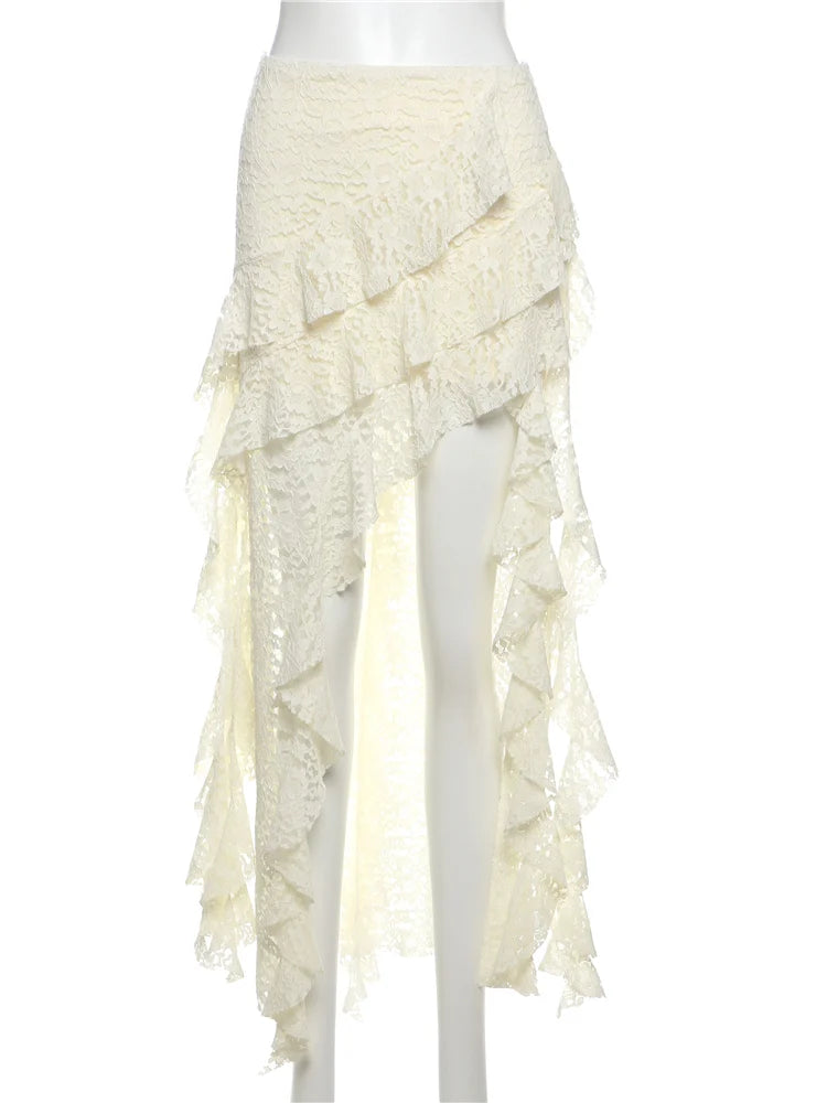 Nibber Tassels Women Skirts Irregular Hem Multi-Layered Ruffles Lace Patchwork Sweet Summer Trend Daily Skinny Versatile Bottoms - Smarsty