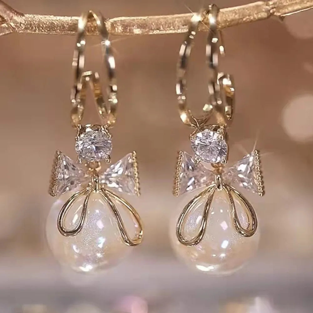 Pearl Long Earrings With Rhinestones For Wedding Fashion - Smarsty