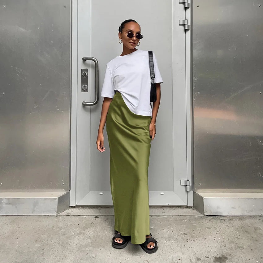 Elegant Satin Black Trumpet Skirts Fashion Slim High Waist Skirts Women Female Solid Office Long Skirt Spring Summer - Smarsty
