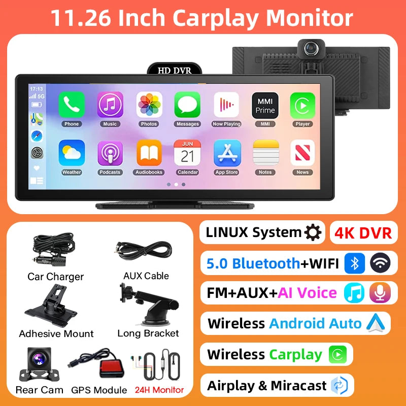 4K Dash Cam With Dual Lens GPS Navigation Wireless CarPlay - Smarsty