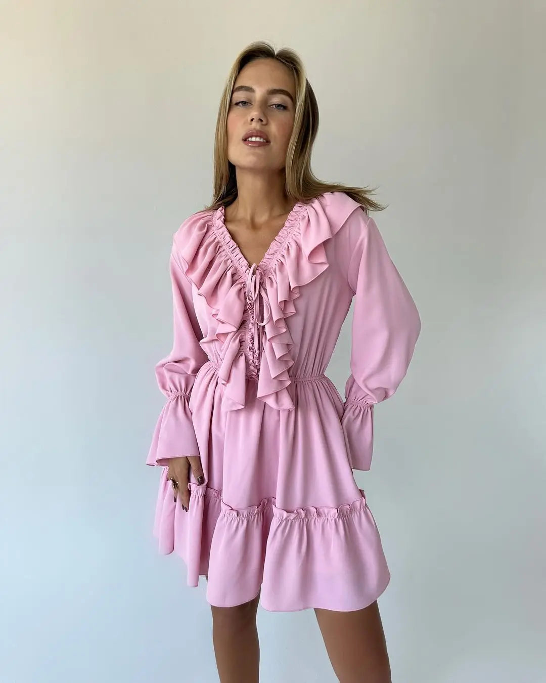 Tossy Ruffled V-Neck White Mini Dress Female Patchwork Long Sleeve Elegant Bandage Fashion Dress High Waist Lace-Up Women Dress - Smarsty
