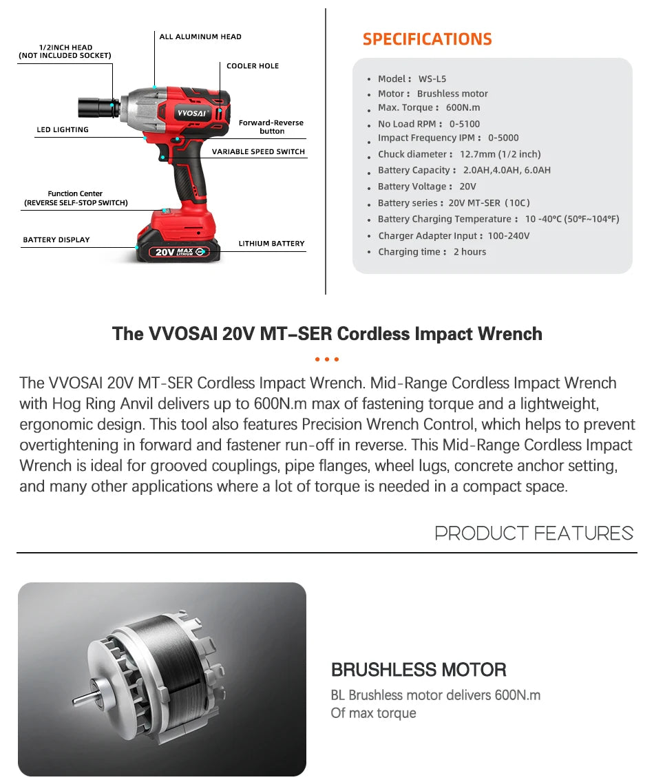 Cordless Electric Wrench 600N.m High Torque Power Tool - Smarsty