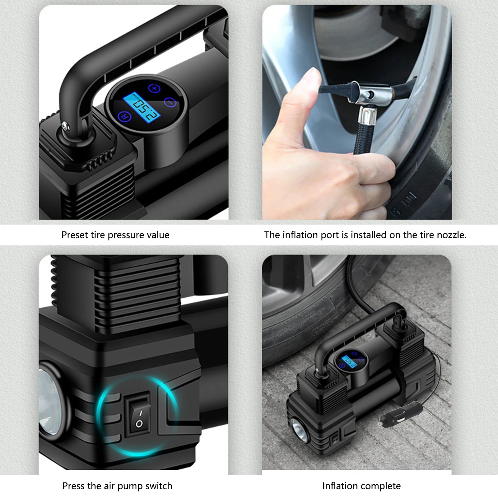 Automatic Digital Display Smart Preset Inflation Tire Inflator with LED Light 12V 150PSI Wire Auto Tire Inflator Pump