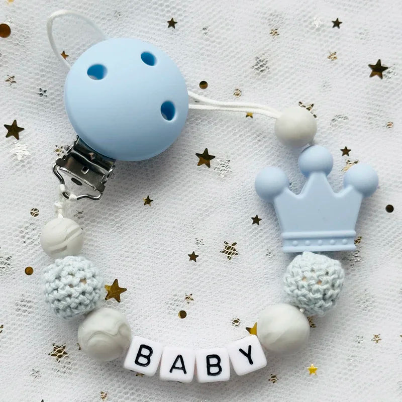 NEW Custom Personalized Name Pacifier Clip Handmade Beech Wooden Chain Silicone Crown Holder Soother Baby Teething Toy Chew Gift by Smarsty