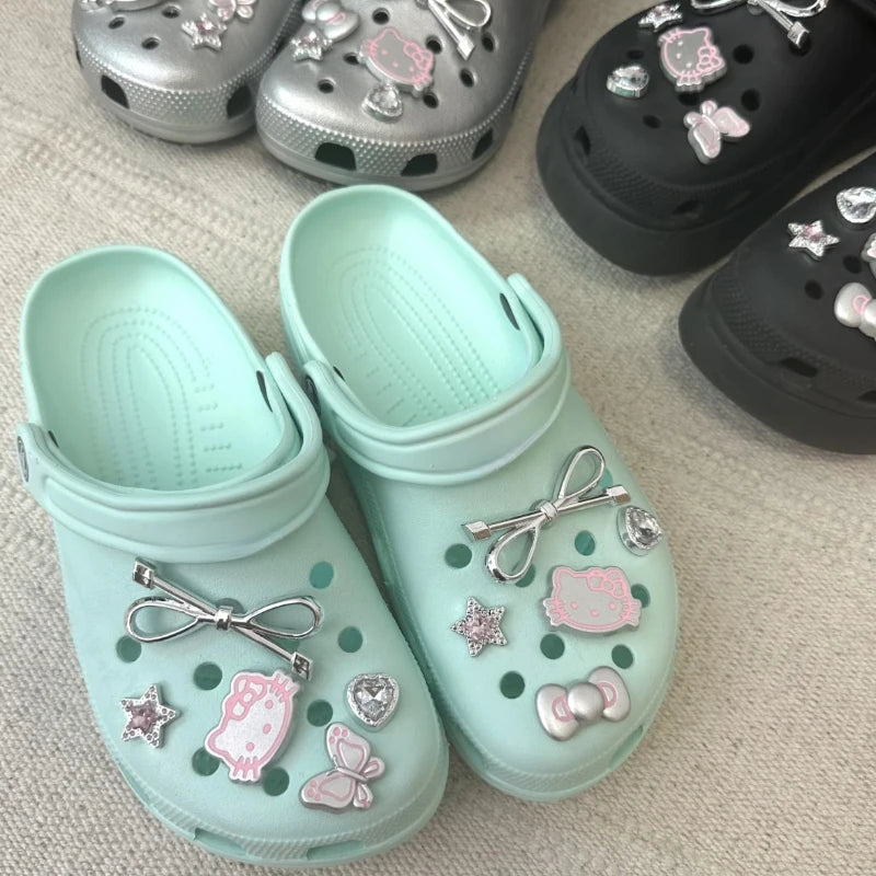 MINISO Silvery Hello Kitty Set Girls Women Shoe Charms DIY Hole Shoes Detachable Buckle Garden Shoes Accessories Festival Gift