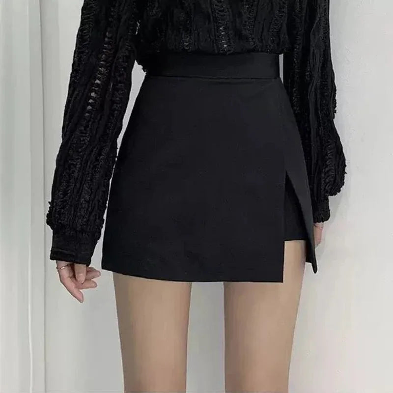 Black Mini Skirts Women Irregular Side Slits High Waist A Line Shorts Skirts Summer Korean Fashion Chic Hip Wrap Skirt Female - Smarsty