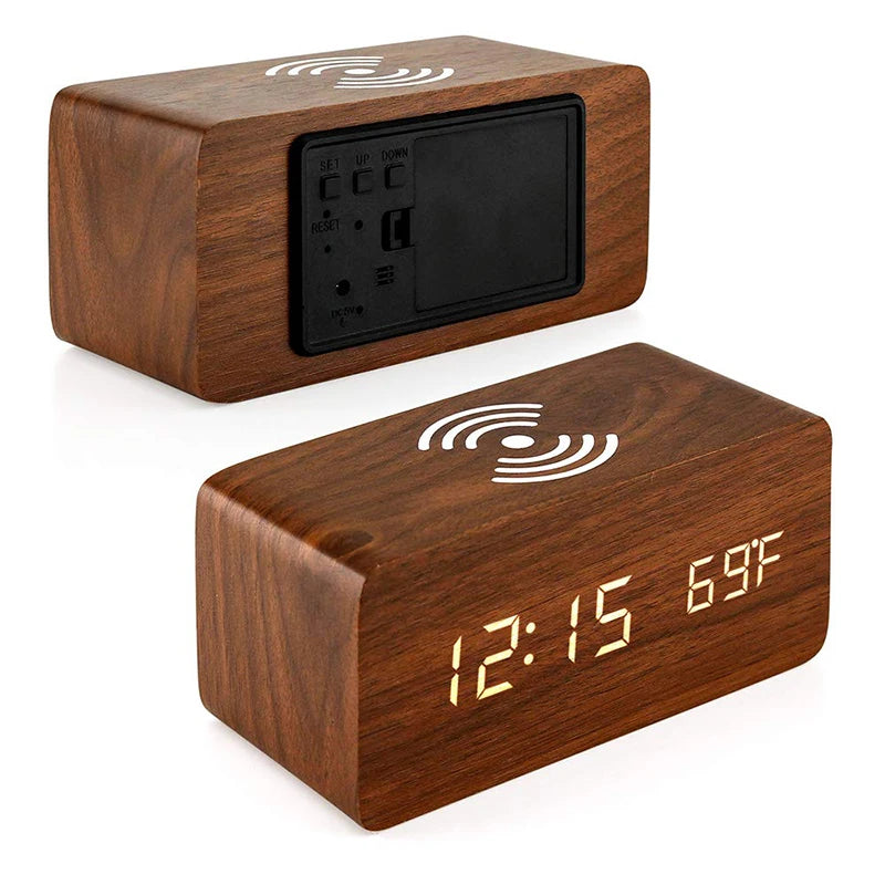 Wooden Digital Alarm Clock with Wireless Charging Feature - Smarsty