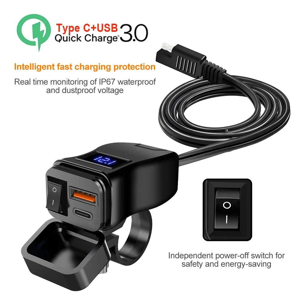 PD QC3.0 Motorcycle USB Fast Charger 60W Handlebar Dual USB Socket with Switch Voltmeter Waterproof 12V Power Supply Adapter - Smarsty