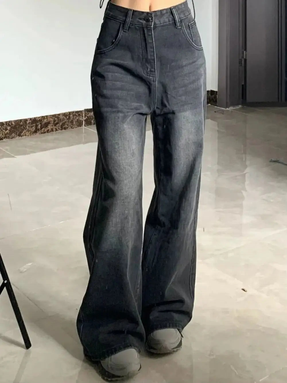 Korean Vintage High Waist Women's Jeans Y2K Slimming Pear-Shaped Loose Straight Bell Bottoms Black Gray Baggy Denim Trousers - Smarsty