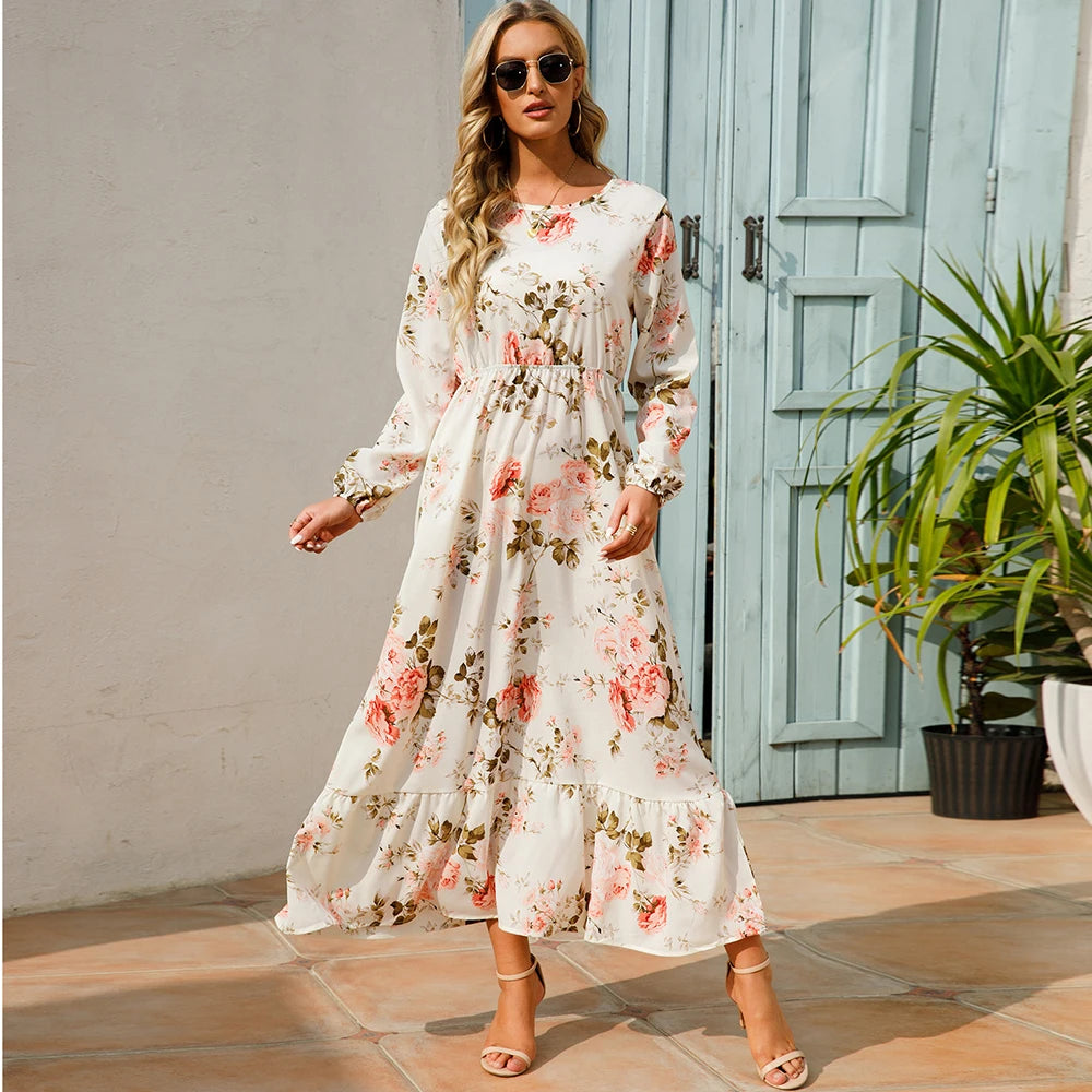 2023 Sping Summer Bohemian Women Maxi Dress Casual Long Sleeve High Waist Beach Woman Chiffon Dresses Floral Vestidoes Mujer New - Smarsty