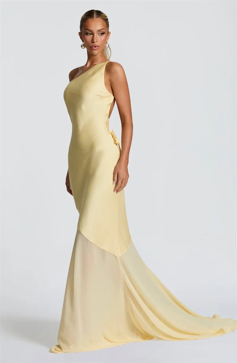 Mozision One Shoulder Backless Sexy Maxi Dress Women Gown Fashion Patchwork Sleeveless Bodycon Club Party Long Dress Elegant - Smarsty