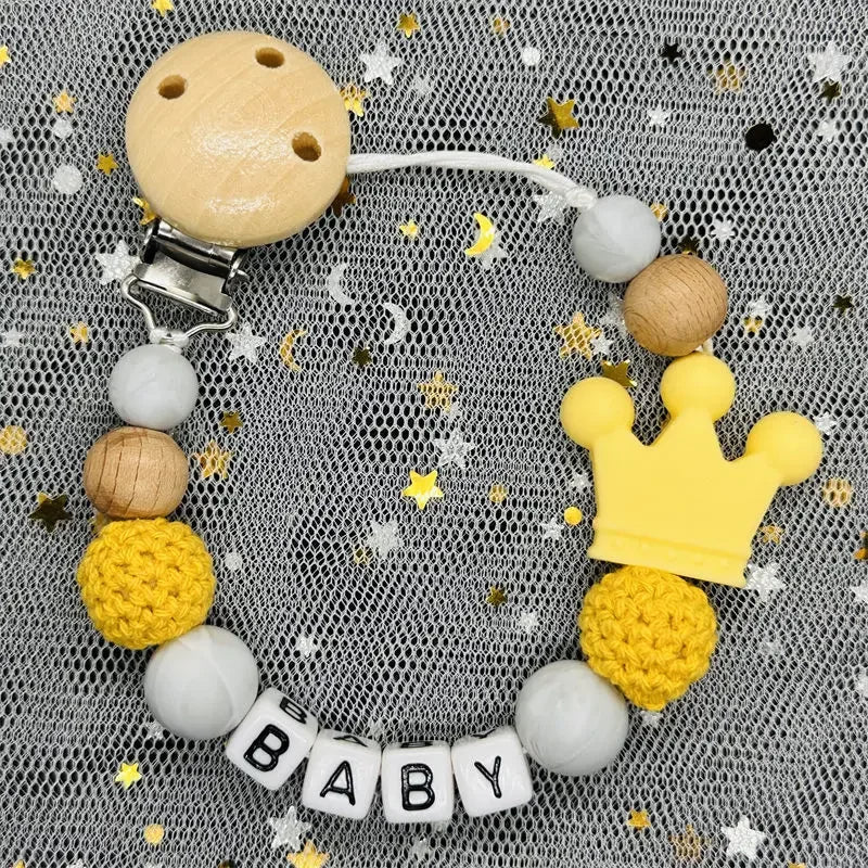 NEW Custom Personalized Name Pacifier Clip Handmade Beech Wooden Chain Silicone Crown Holder Soother Baby Teething Toy Chew Gift by Smarsty