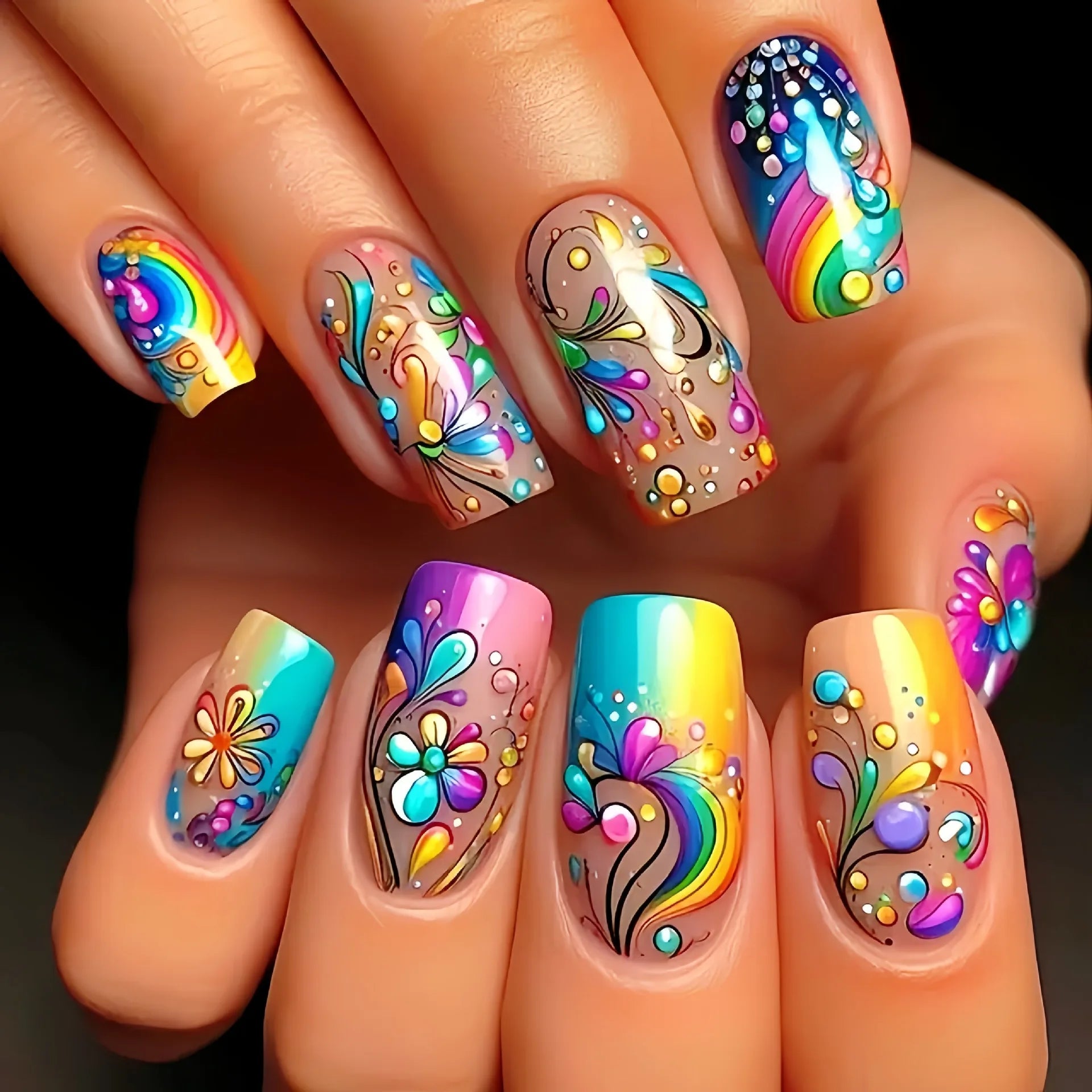 24 Piece Set Medium Long Press On Nails with Peach Flower Design - Smarsty