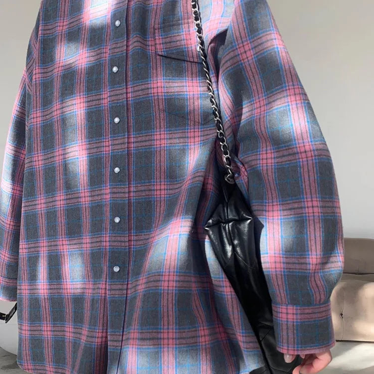 Oversized Plaid Shirt Autumn Winter Women Vintage Long Sleeve Fashion Loose Lapel Pocket Shirt Fit Blouse Korean Style - Smarsty