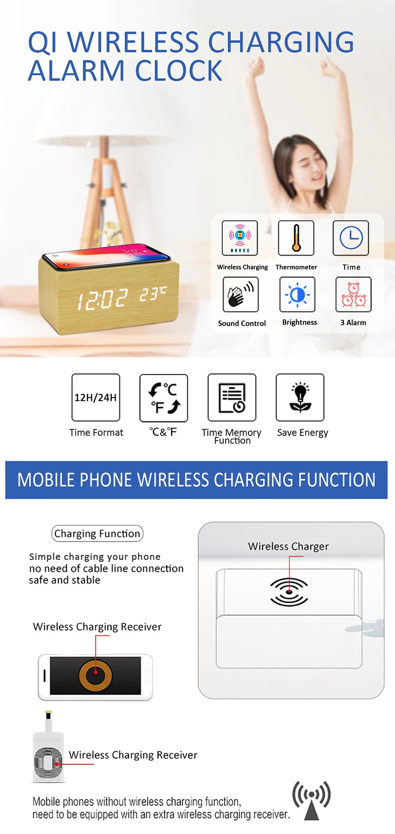 Wooden Digital Alarm Clock with Wireless Charging Feature - Smarsty