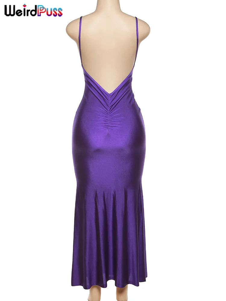 Weird Puss Sexy Backless Women Evening Maxi Dress Folds V-Neck Sleeveless Coquette Elegant Mermaid Matching Banquet Prom Bodycon - Smarsty