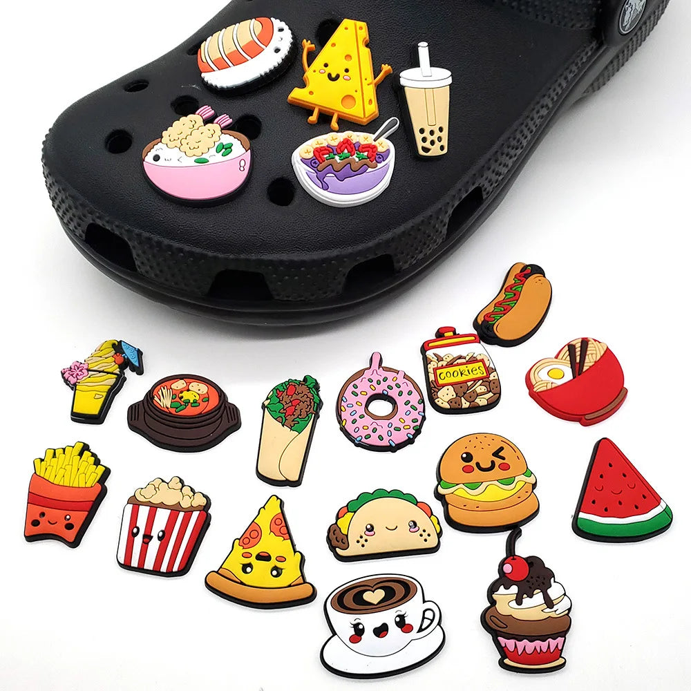 20pcs Food Series Cake Pizza PVC Shoe Charms Accessories Clogs Bubble Slides Sandals Shoe Buckles Decorations Pins Kids Gifts