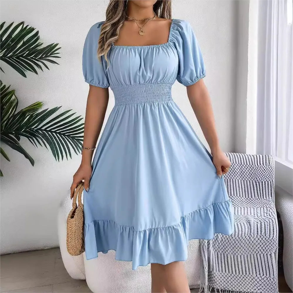 Women's MIidi Dresses 2024 Summer Casual Square Neck Short Sleeved Waist Ruffle Edge Dress Dress Women Elegant Платья Женские - Smarsty