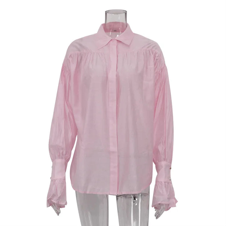 Tossy Casual Loose See-Through Shirts Women's Autumn Lapel Long Sleeve Patchwork Blouse Top Streetwear Female Solid Shirts Top - Smarsty
