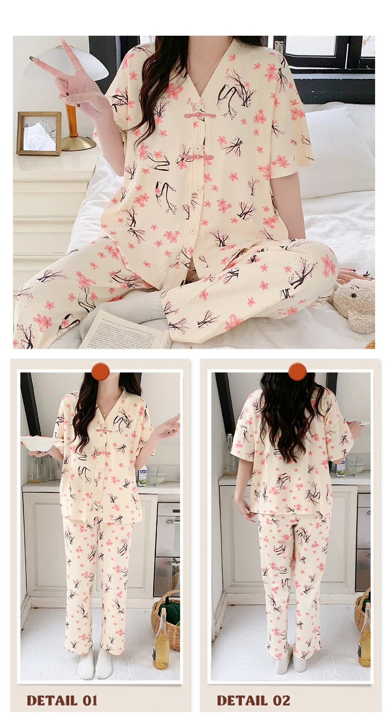 Pigma For Women Cotton Pajama Sleepwear Big Size Pajamas Nightwear Summer Women's Short Sleeved Long Pants Cardigan Pajama Set - Smarsty