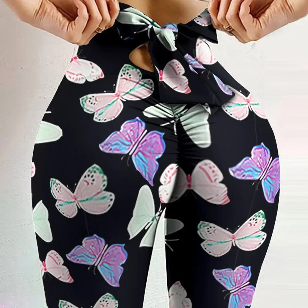 High Waist Sexy Butterfly Printed Leggings Bowknot Yoga Pants Bow Bandage Tights Women Butt Lift Exercise Fitness Yoga Legging - Smarsty