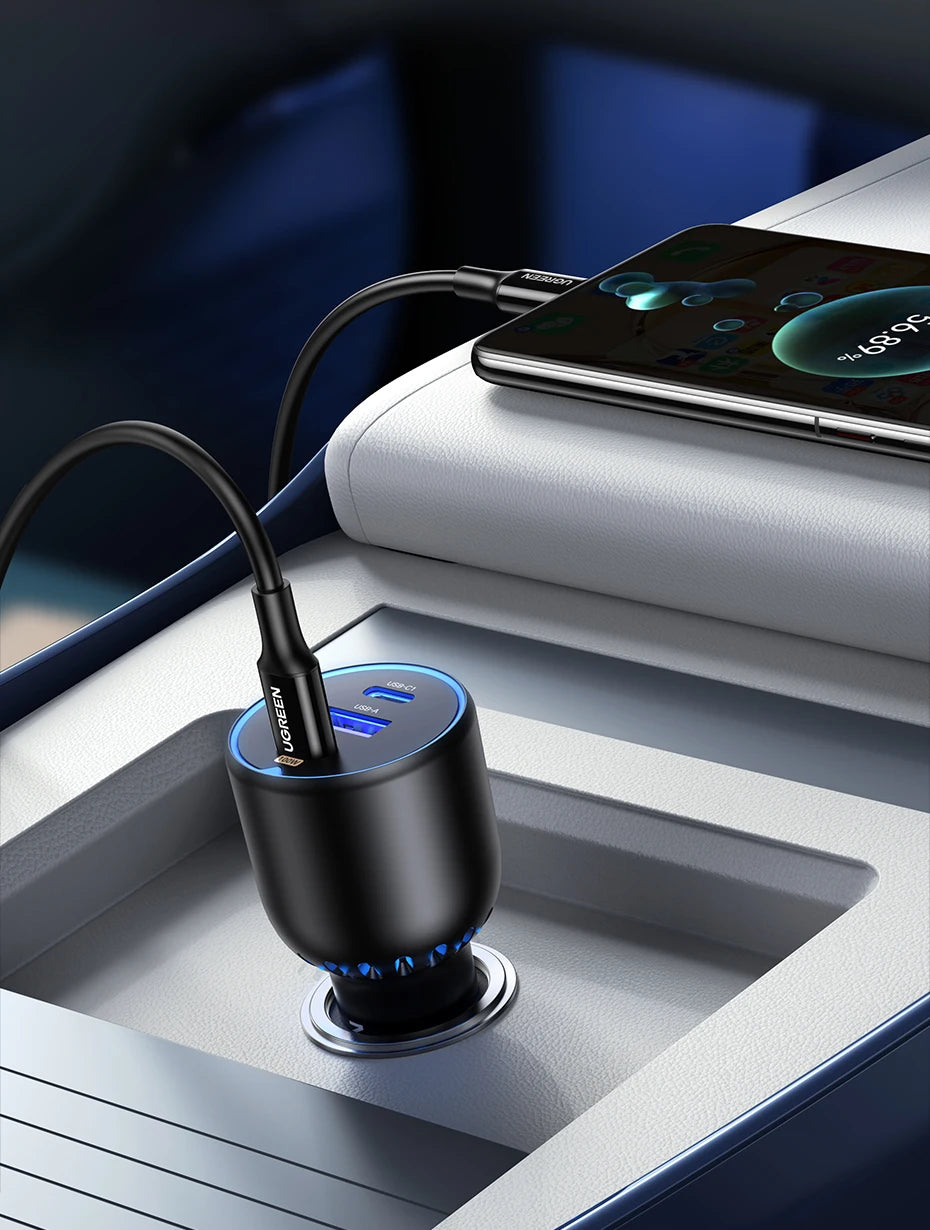 UGREEN 130W USB C Car Charger For Xiaomi iPhone 17 Samsung Galaxy S24 Laptops Tabet PD3.0 Fast Charging USB Type C Car Charger