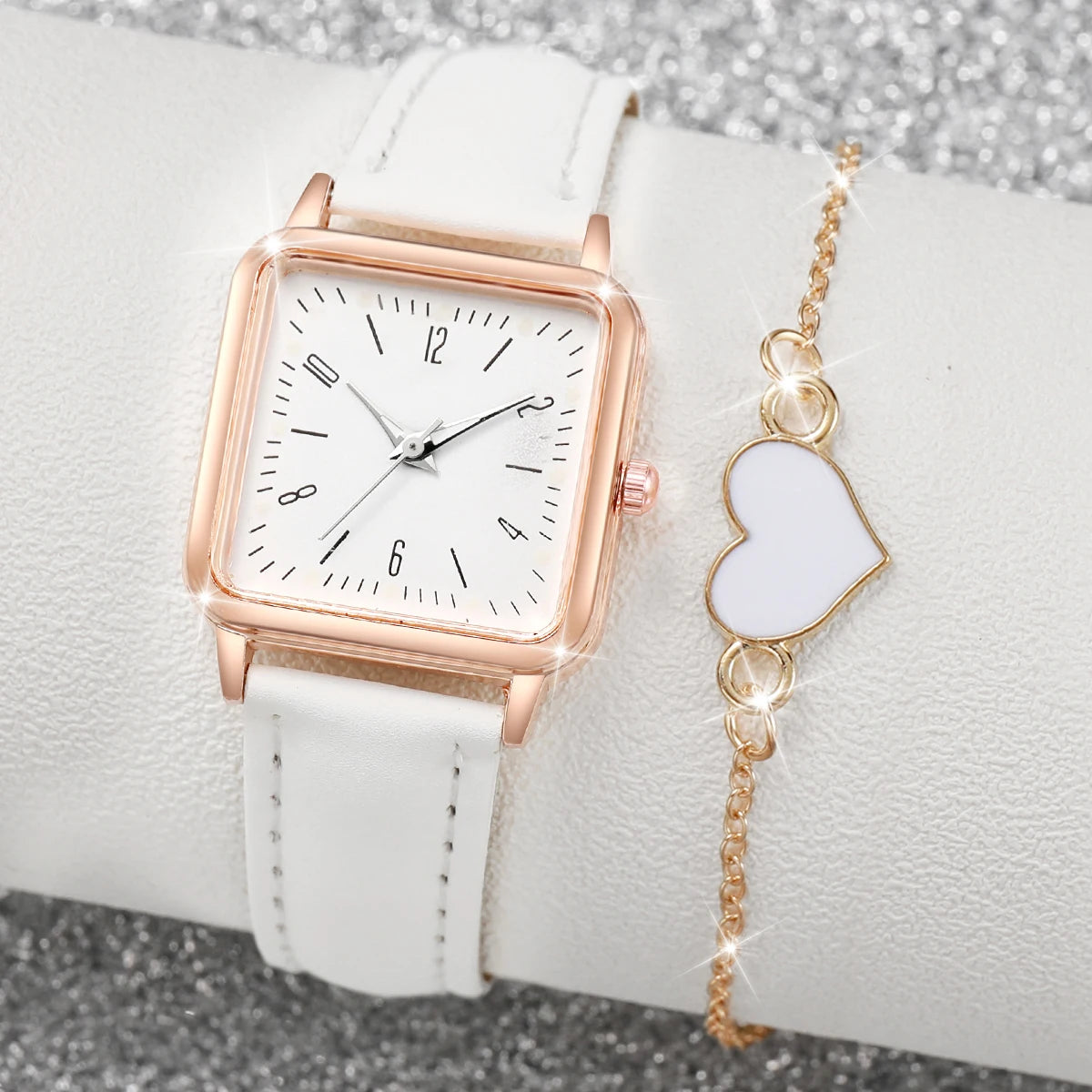 2/4PCS Fashion Square Women's Watch Leather Band Quartz Watches Heart Bracelet Set(Without Box) - Smarsty