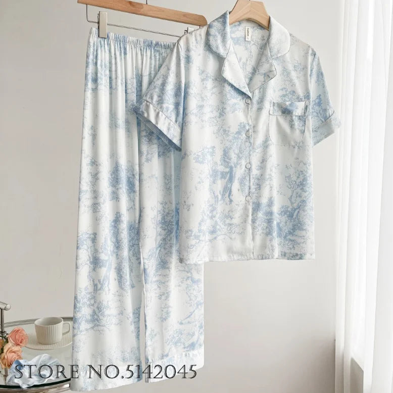 Fashion Print Flower 2PCS Pajamas Set Women Sleepwear Spring Summer Trouser Suits Lounge Wear Loose Satin Homewear Pijamas Suit - Smarsty