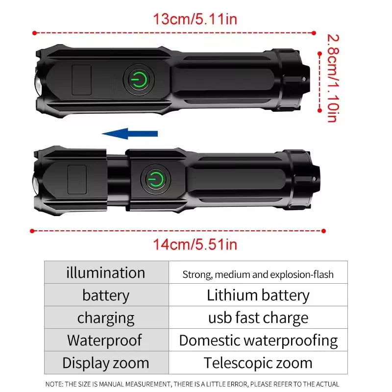 LED Camping Torch Flashlight High Power Rechargeable USB Spotlight Zoom Lantern Built-in Battery For Fishing Outdoor Waterproof - Smarsty