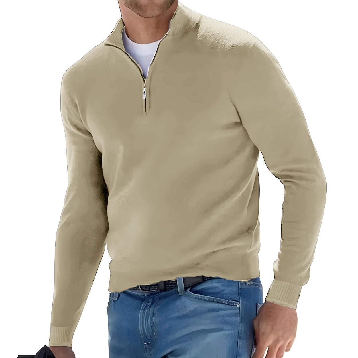 New Men's Long Sleeve Pullover Solid Color Half Zipper Sweaters V-neck Knitted Sweater Men Oversized Breathable Streetwear - Smarsty