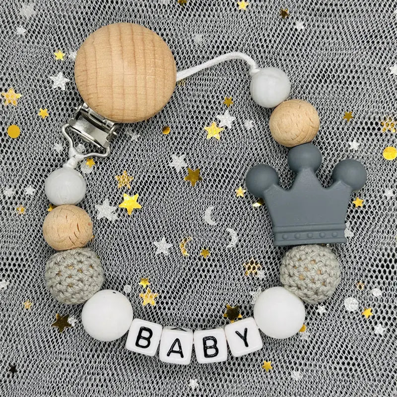 NEW Custom Personalized Name Pacifier Clip Handmade Beech Wooden Chain Silicone Crown Holder Soother Baby Teething Toy Chew Gift by Smarsty