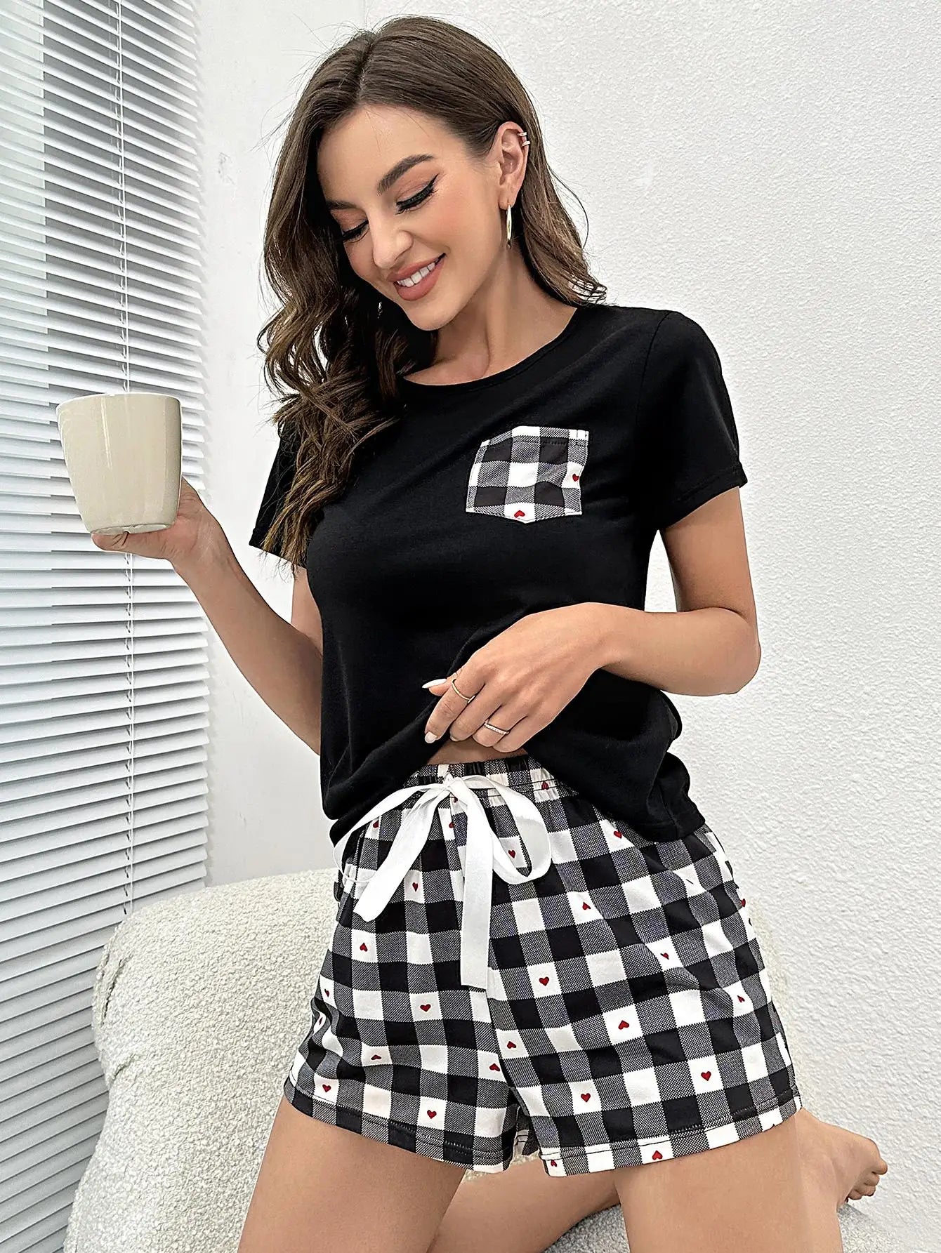Summer Women's Pajamas Set Screw Neck Tee & Shorts Sleepwear 2 Pieces Heart Print Nightwear Elastic Drawstring Homewear Cloth - Smarsty