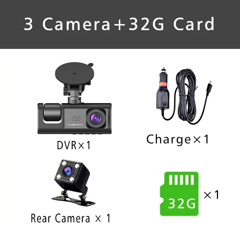 Three Channel Dash Cam 1080P With Three Lenses For Cars - Smarsty