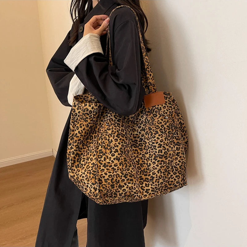 Leopard Pattern Tote Bag Vintage Canvas With Large Capacity - Smarsty