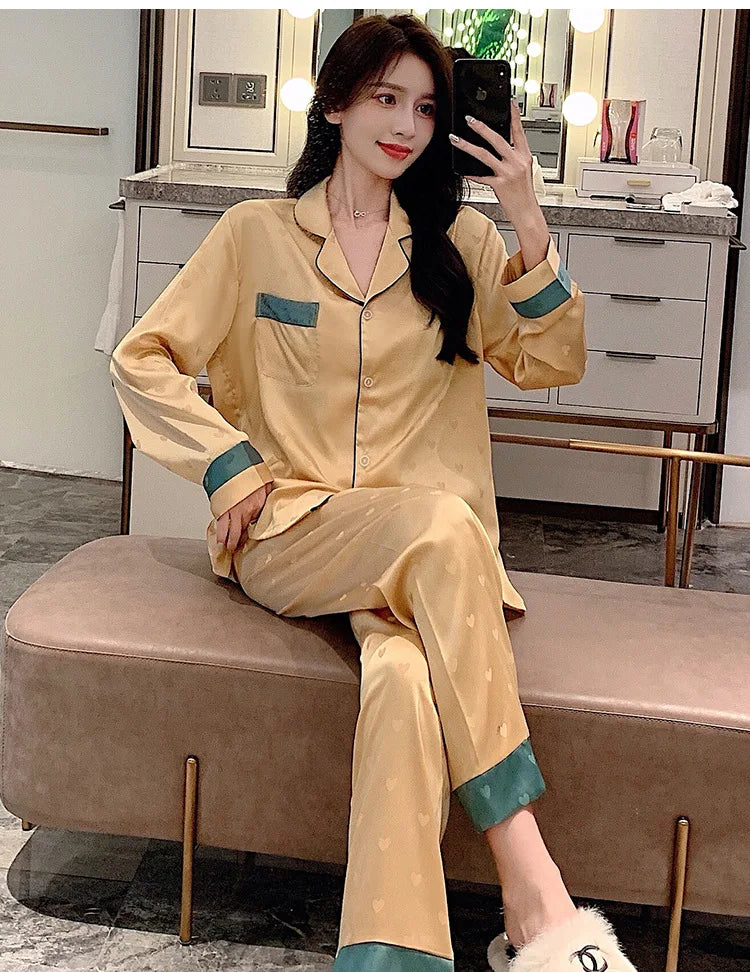 Top Autumn New Ice Silk Women Pajama Lapel Button Cardigan Outfits for Women 2 Piece Set Fashion Printing Set Clothes for Women - Smarsty