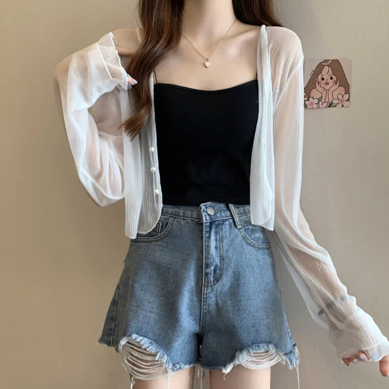 2025 Fairy Style Solid Cardigan Women Summer New Long Sleeve Sunscreen Sweet Beading V-neck Basics Loose Chiffon Cardigan - Smarsty