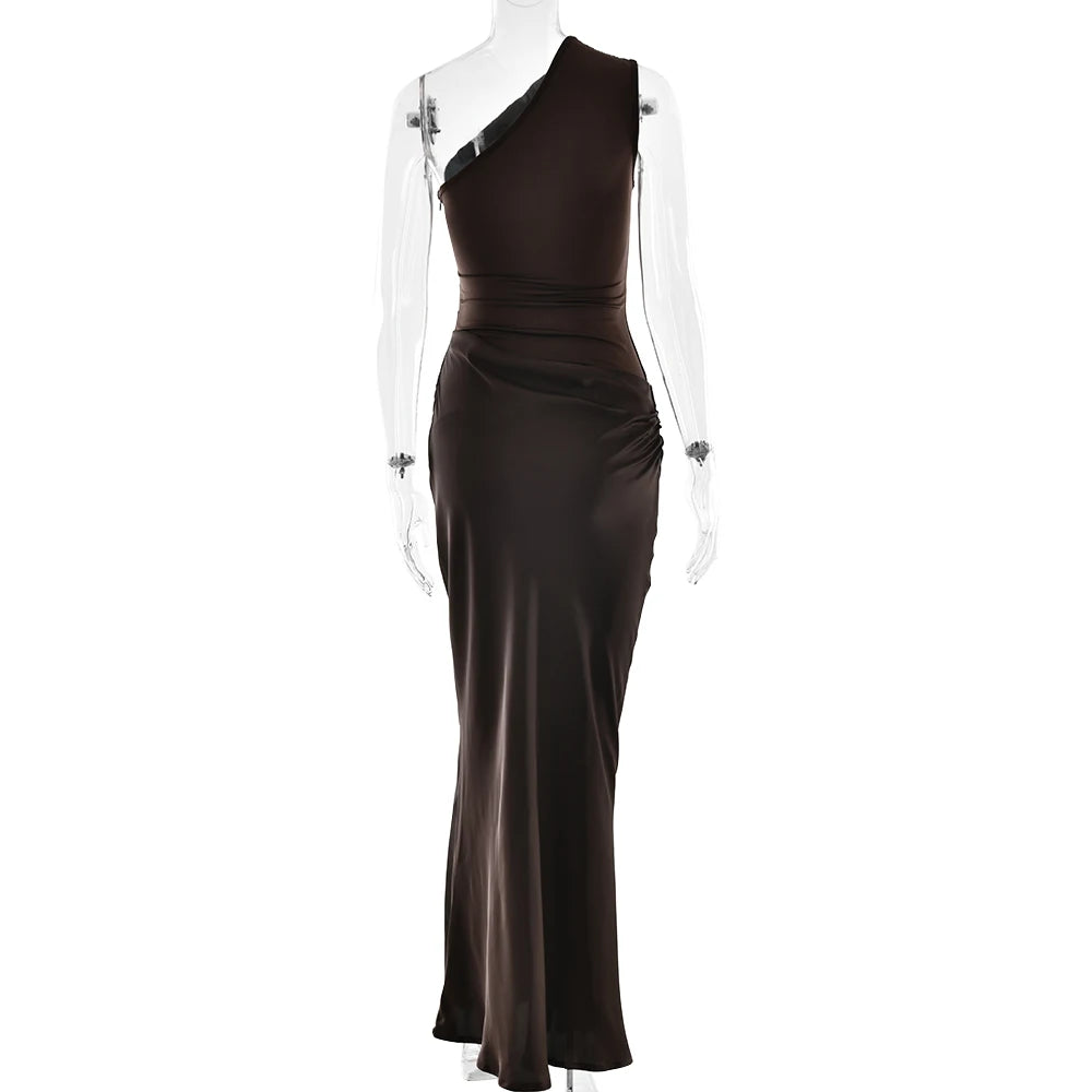 JULISSA MO Patchwork Satin Sexy One Shoulder Women Maxi Dress Brown Sleeveless Evening Dress Summer Slim Elegant Party Clubwear - Smarsty