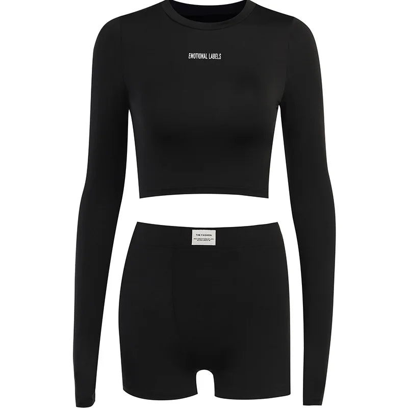 European and American Spring/Summer Round Neck Long Short sleeved 3/4 Shorts Two piece Women's Fashion Sports Versatile Set - Smarsty