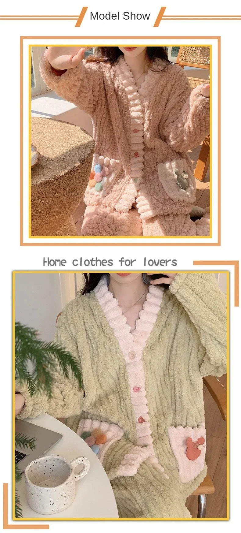 Thickened Warm Flannel Women Sleepwear Loungewear Cardigan Suit Winter Sweet Kawaii Soft Fairy Wind Ladies Pajamas Homewear - Smarsty