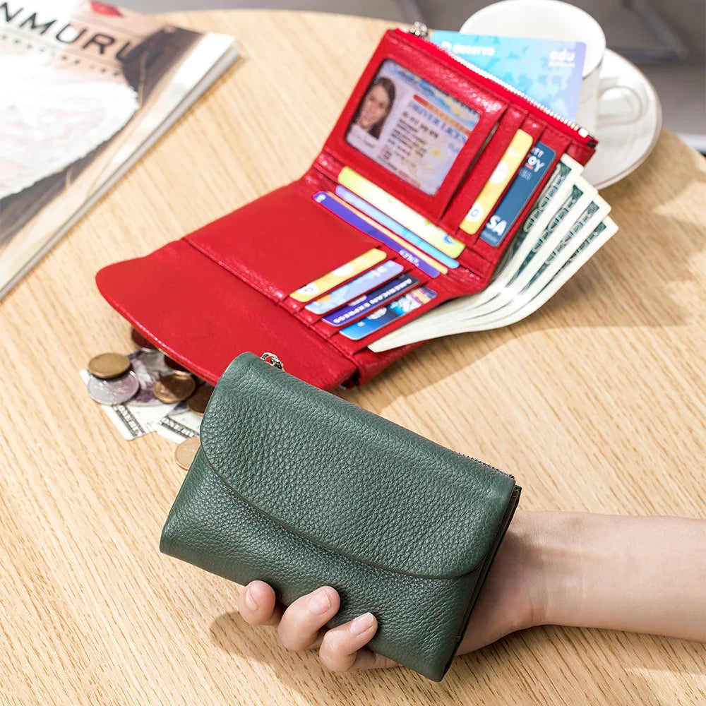 Coin Purse Genuine Cow Leather Short Wallet Trifold for Small Women's Purses Clutch Cowhide Card Holder Travel Card Wallets