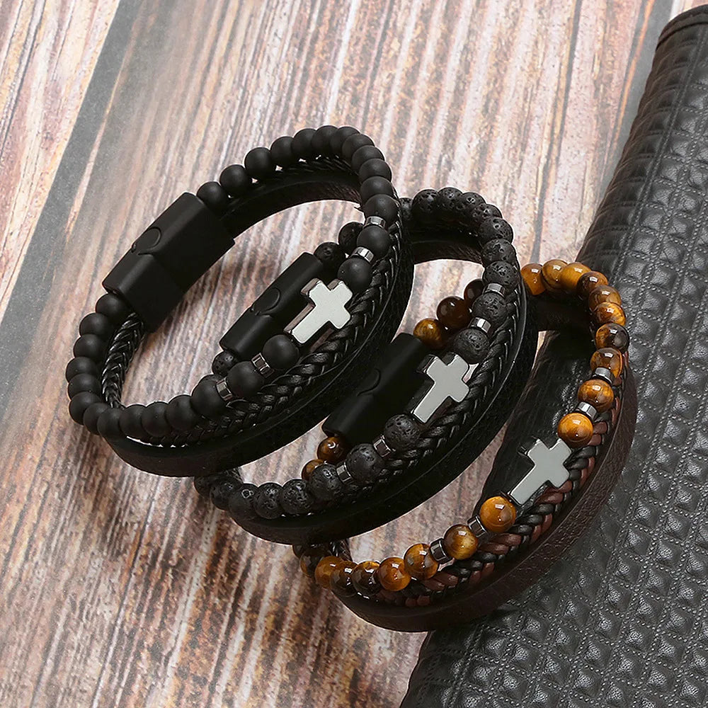 Men Leather Bracelet with Tiger Eye Beads Stylish Gift - Smarsty
