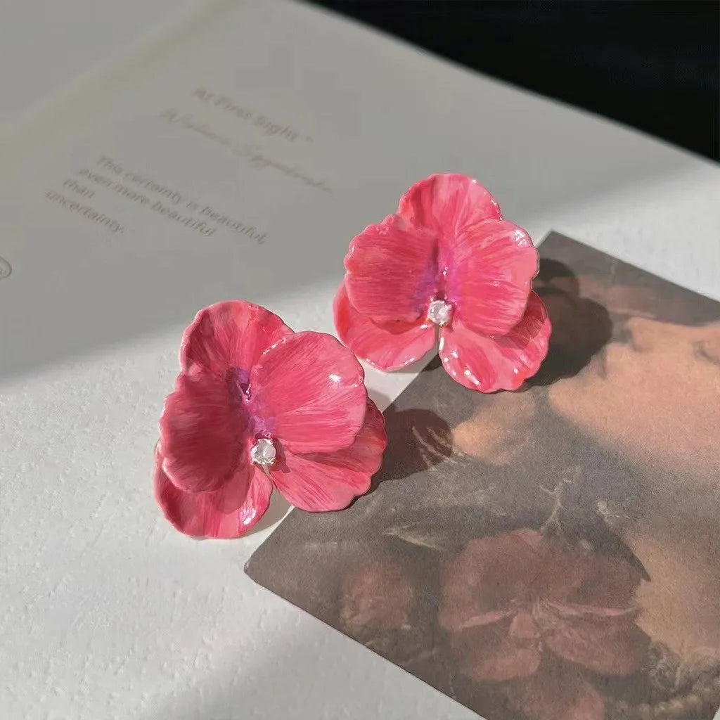 Enamel Flower Stud Earrings Cute Crystal Five Petal - Smarsty