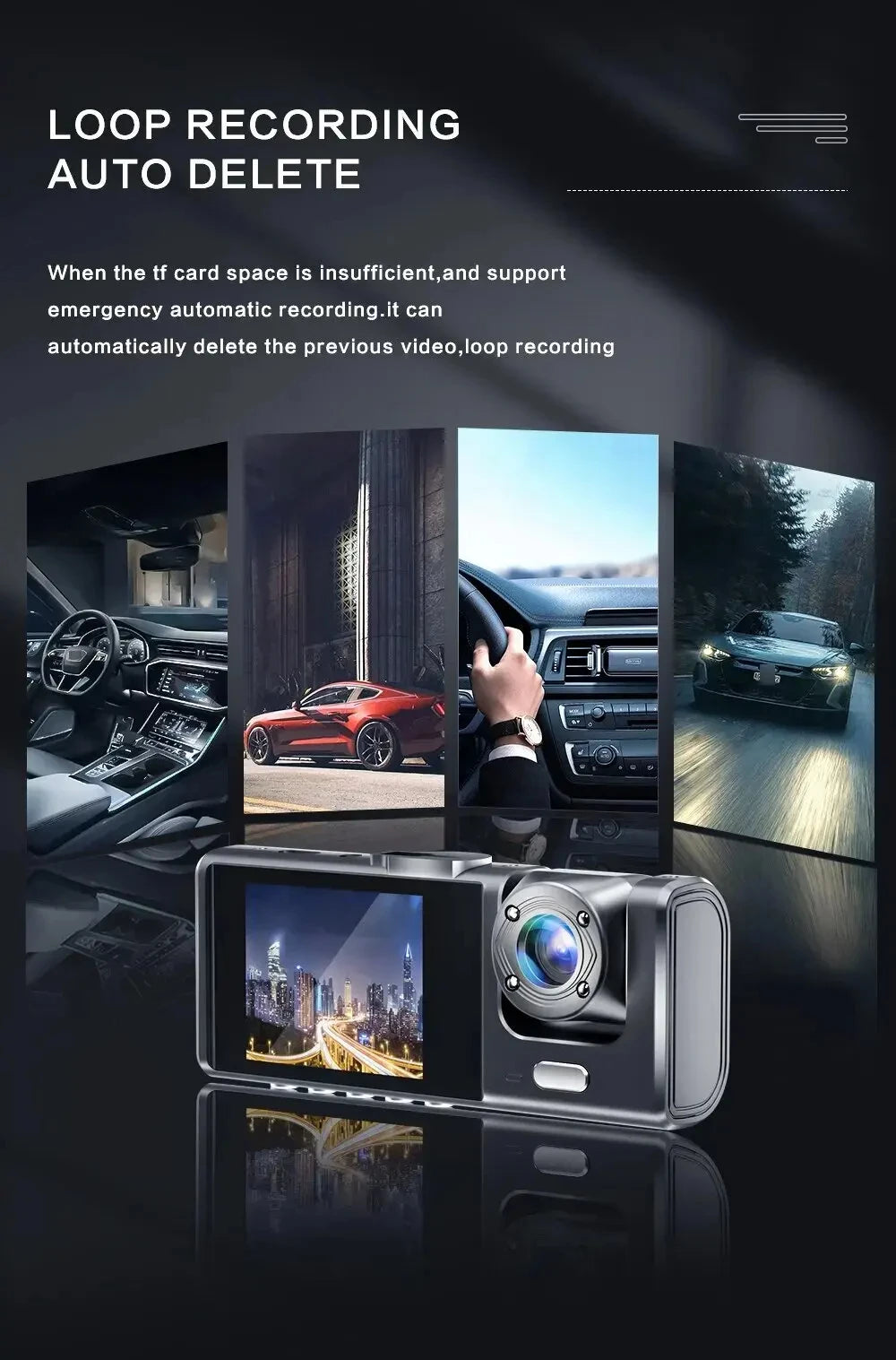 1080P 3 Channel Dash Cam Night Vision Crystal IPS Screen - Smarsty