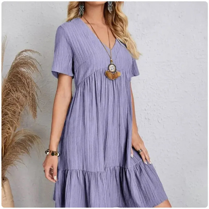 Women Summer Peplum Dresses Spring V-Neck Short Sleeve Loose Waist Ruffle Fit Flare Vocation Dresses - Smarsty