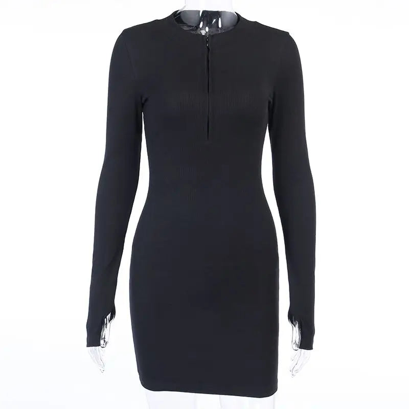 Long Sleeve Dresses for Women Black Sexy Club Bodycon Mini Dress Y2k High Waist Ladies Korean Short Dress Basic Autumn Winter - Smarsty