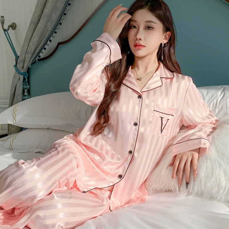 Women's Ice Silk Pajama Set Long Sleeve Long Pants Lightweight Sleepwear for Spring And Autumn Comfortable Homewear Pj Set - Smarsty