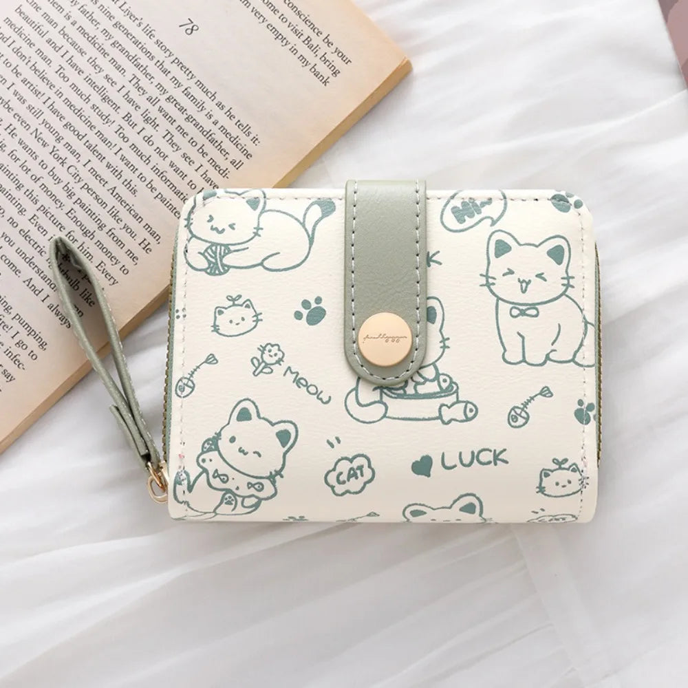 Cute Cat Coin Purse Women Fashion Short Wallet PU Leather Large Capacity Wallet Lightweight ID Card Holder Travel Cash Coin Bag - Smarsty