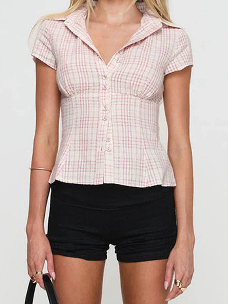 hirigin Women's Y2K Short Sleeve Plaid Button Down Shirt Button Down Blouses Tops Casual Summer Shirt Tops 90s Streetwear - Smarsty