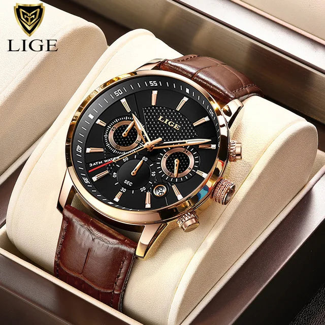 LIGE Luxury Men's Leather Sport Watch with Chronograph - Smarsty