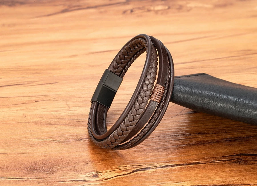 Mens Leather Bracelet Magnetic Buckle Multilayer Bangles - Smarsty